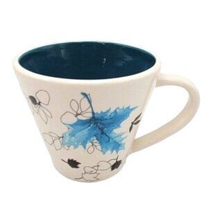 Starbucks Embossed Leaf Mug Cream Blue Teal Round 10oz 2007 Autumn Falling Taper